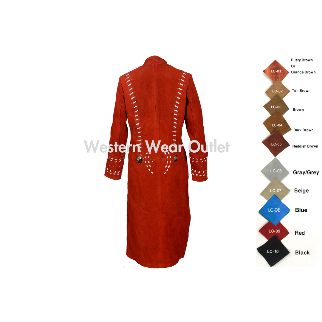 Red Long Leather Coat for Women - Native American Coat