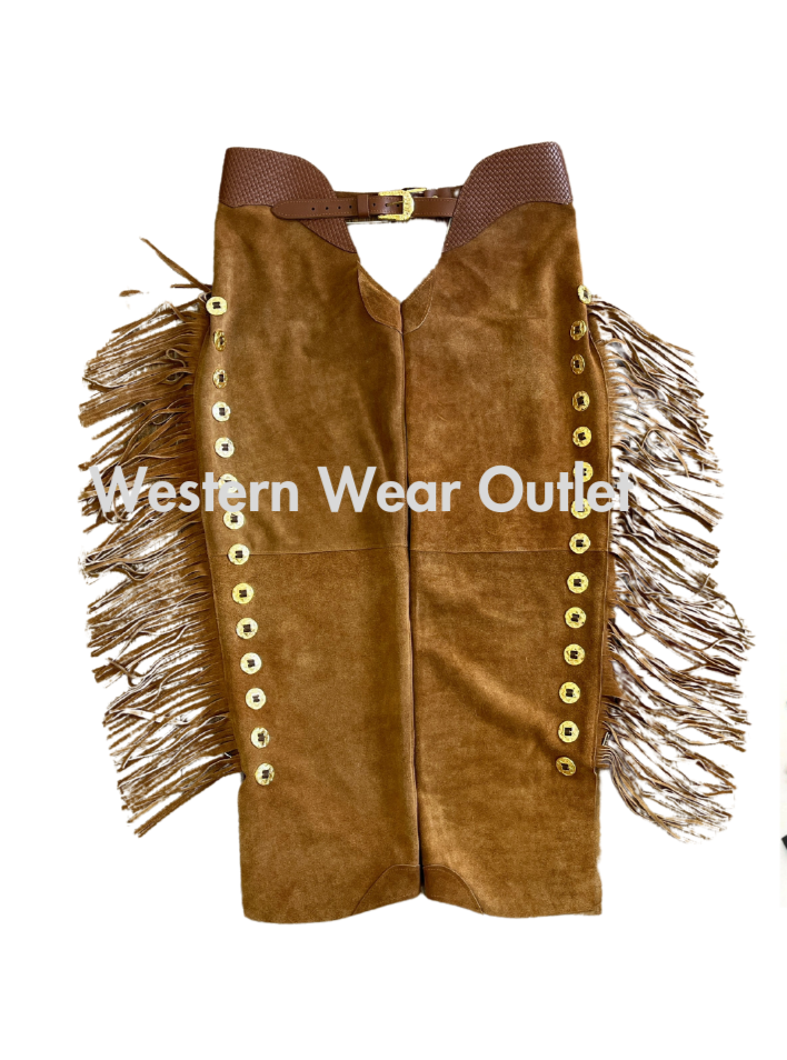 Premium Brown Suede Leather Chaps with Fringes