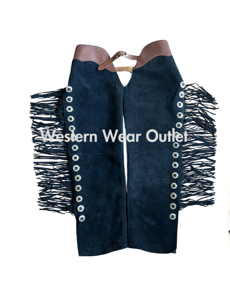 Western-Inspired Black Suede Chaps With Fringes