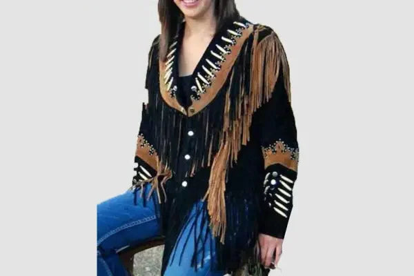 Women Western Style Suede Leather Jacket With Fringe & Beads