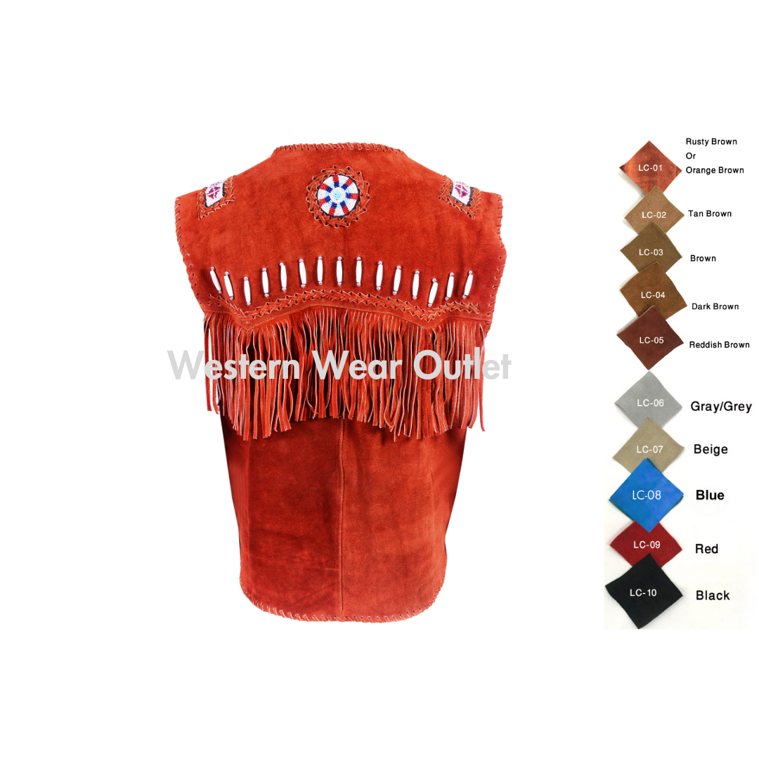 Cowboy Western Vest Red Suede American Indian Vest With Fringes Beads Bones, SUV4