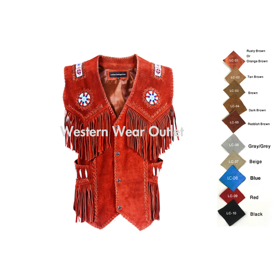 Cowboy Western Vest Red Suede American Indian Vest With Fringes Beads Bones, SUV4