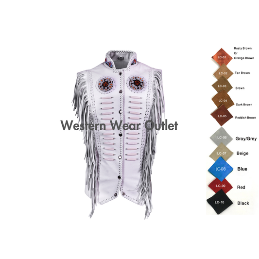 Vibrant Western Cowboy White Leather Fringes Vest