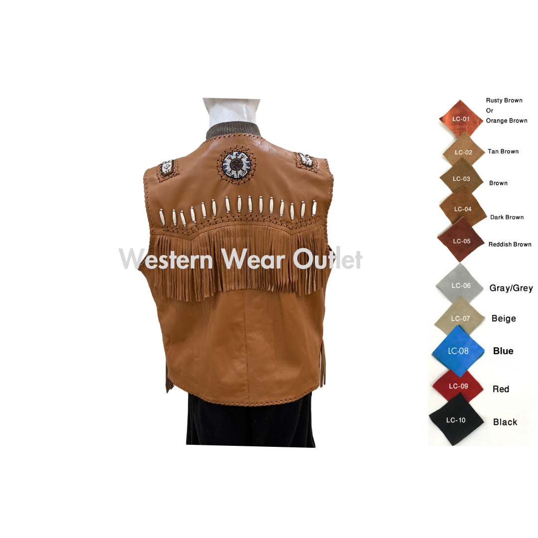 Cowboy Brown Leather Western Vest American Indian Vest With Fringes Beads Bones: Bold Heritage Style, LUV9