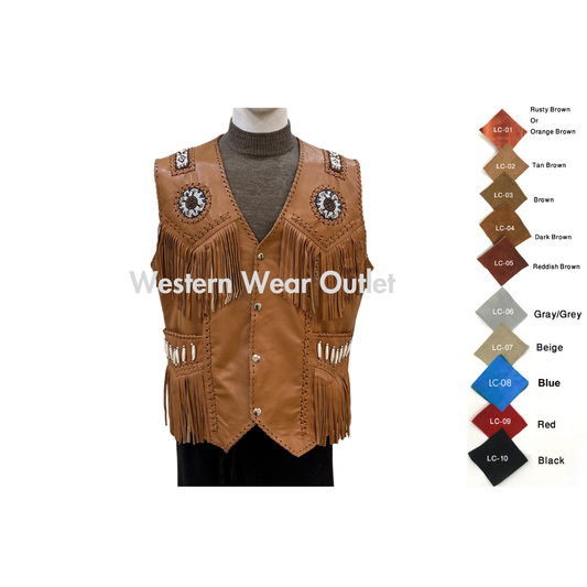 Cowboy Brown Leather Western Vest American Indian Vest With Fringes Beads Bones: Bold Heritage Style, LUV9