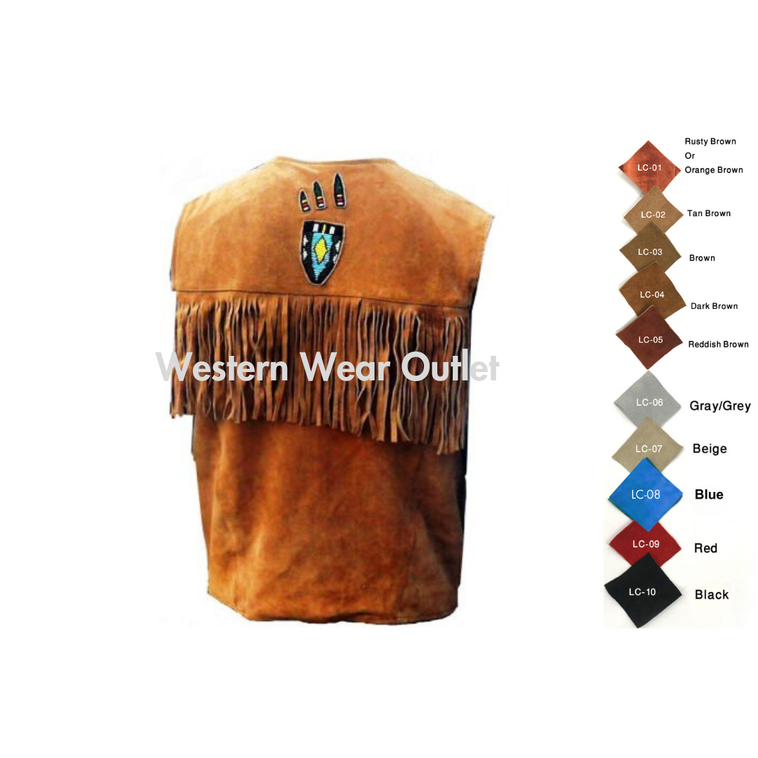 Brown Western Cowboy Suede Vest With Fringes And Beads