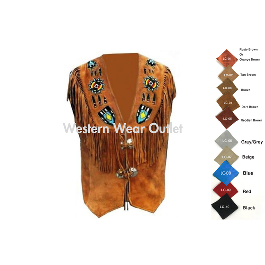 Brown Western Cowboy Suede Vest With Fringes And Beads