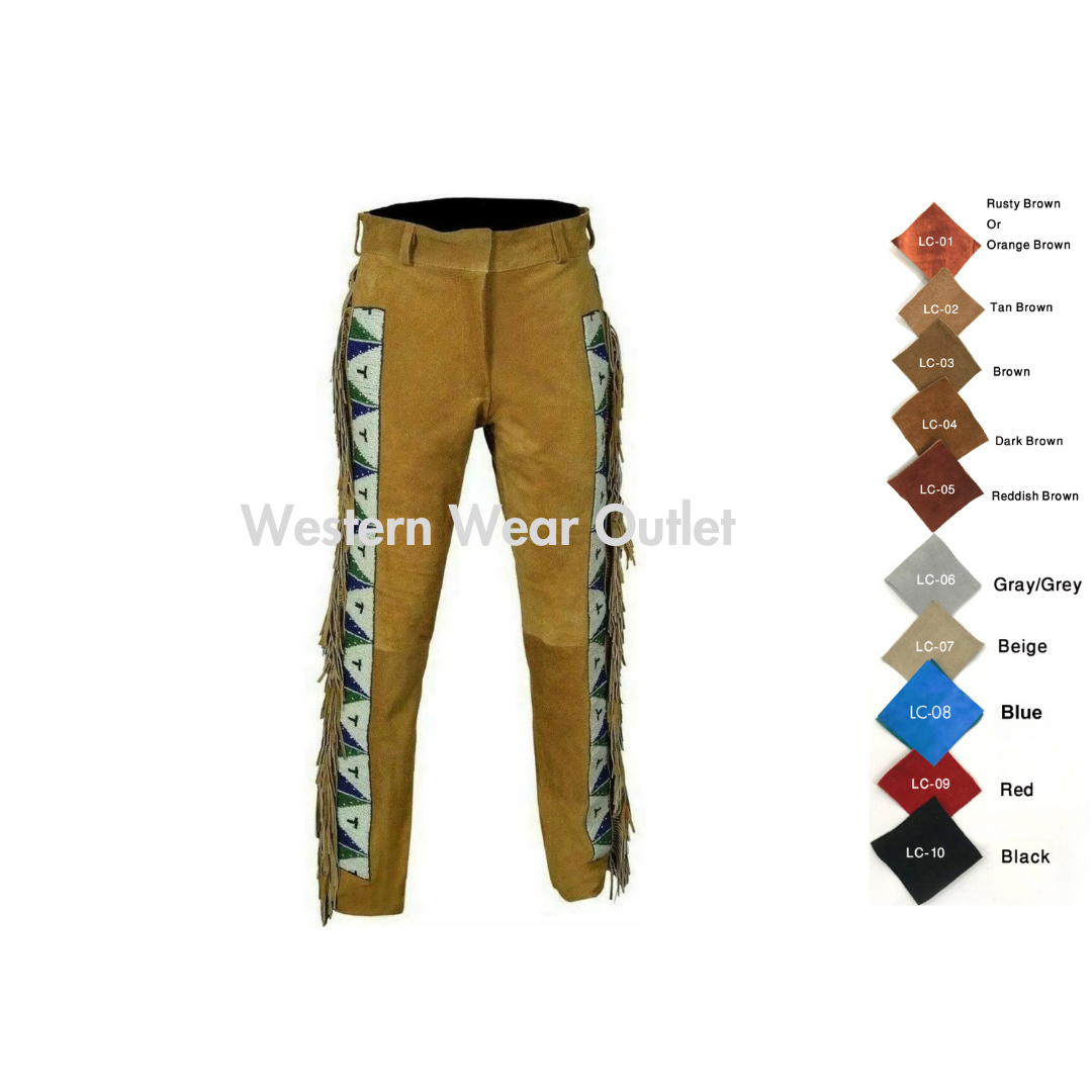 Brown Suede Leather Western Pant With Beads And Fringes, MSP23B