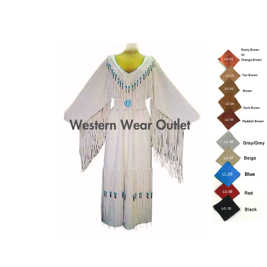 Women Leather Wedding Maxi Cowgirl Native Indian Maxi With Fringes, WLM4