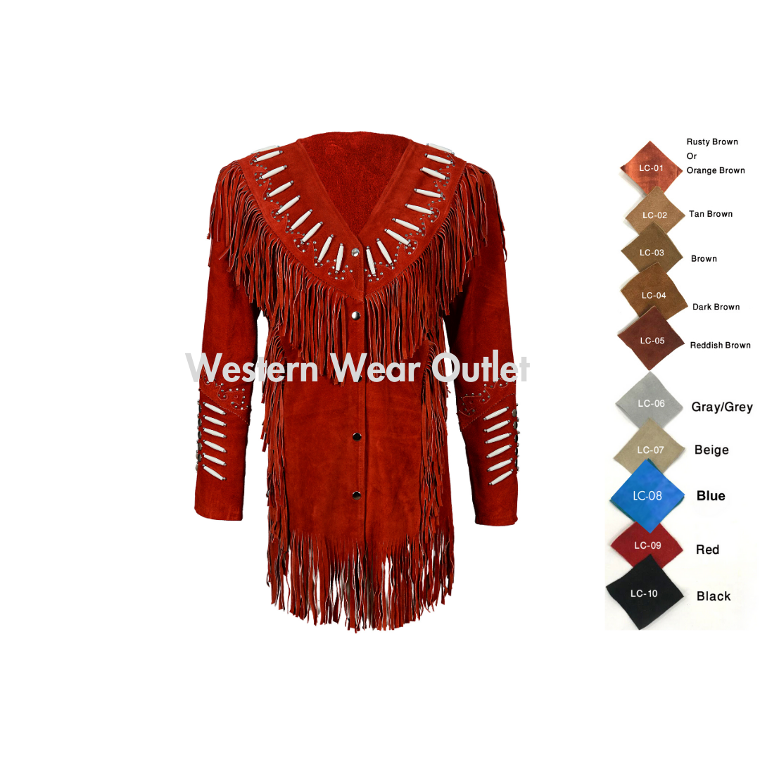 Women’s Cowgirl Western Red Suede Jacket With Fringes, Bones & Rivets, WSJ1