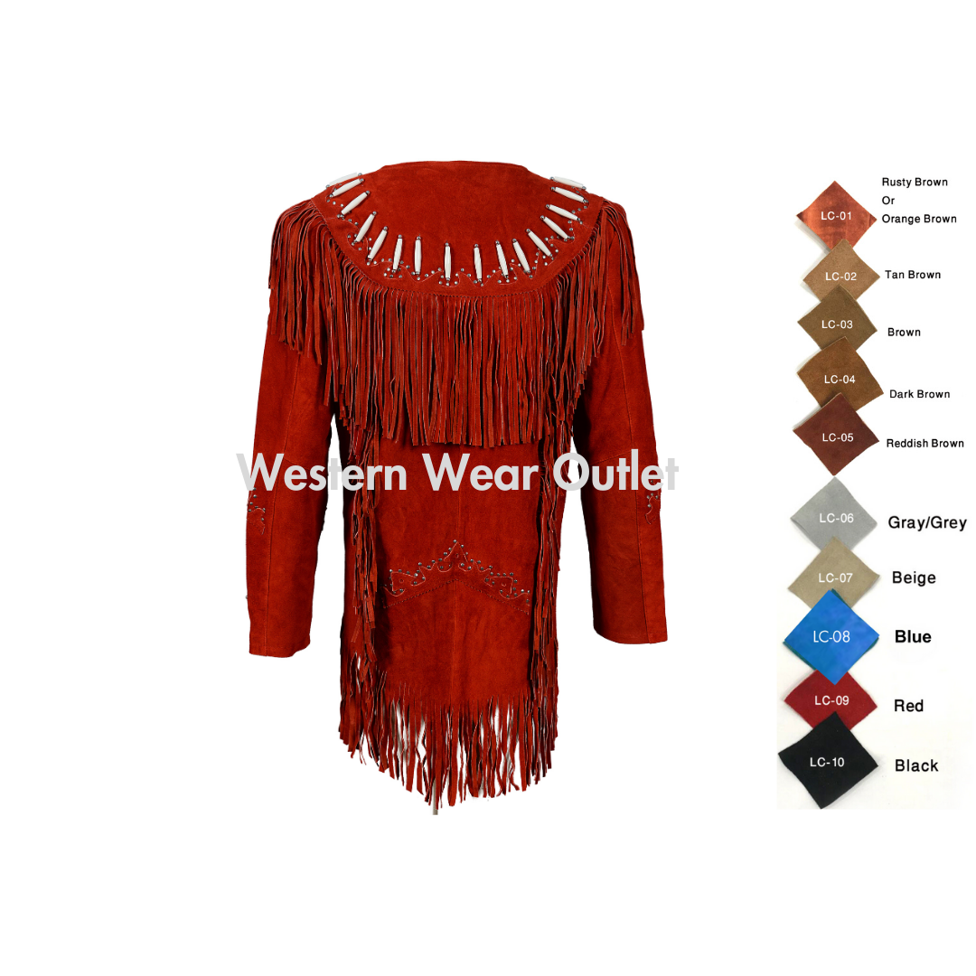 Women’s Cowgirl Western Red Suede Jacket With Fringes, Bones & Rivets, WSJ1