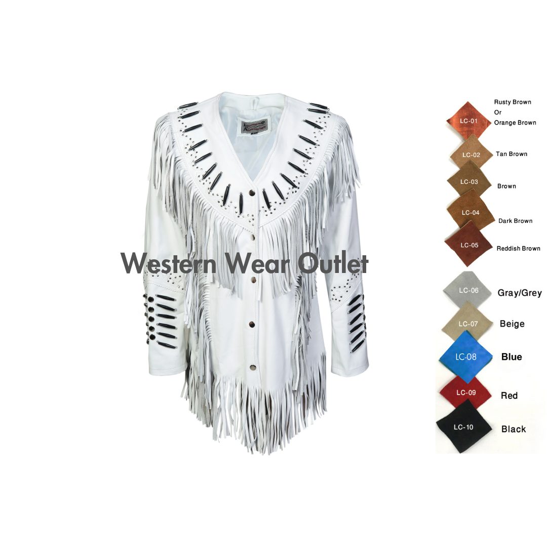 Women’s White Leather Cowgirl Western Jacket With Fringes And Bones, WWLJ5