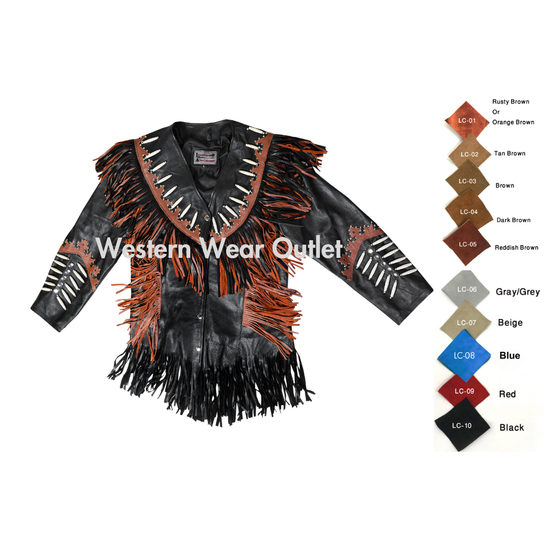 Women’s Black Leather Cowgirl Western Jacket With Fringes And Bones, WWLJ2