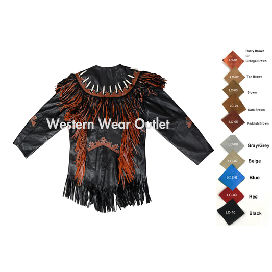 Women’s Black Leather Cowgirl Western Jacket With Fringes And Bones, WWLJ2