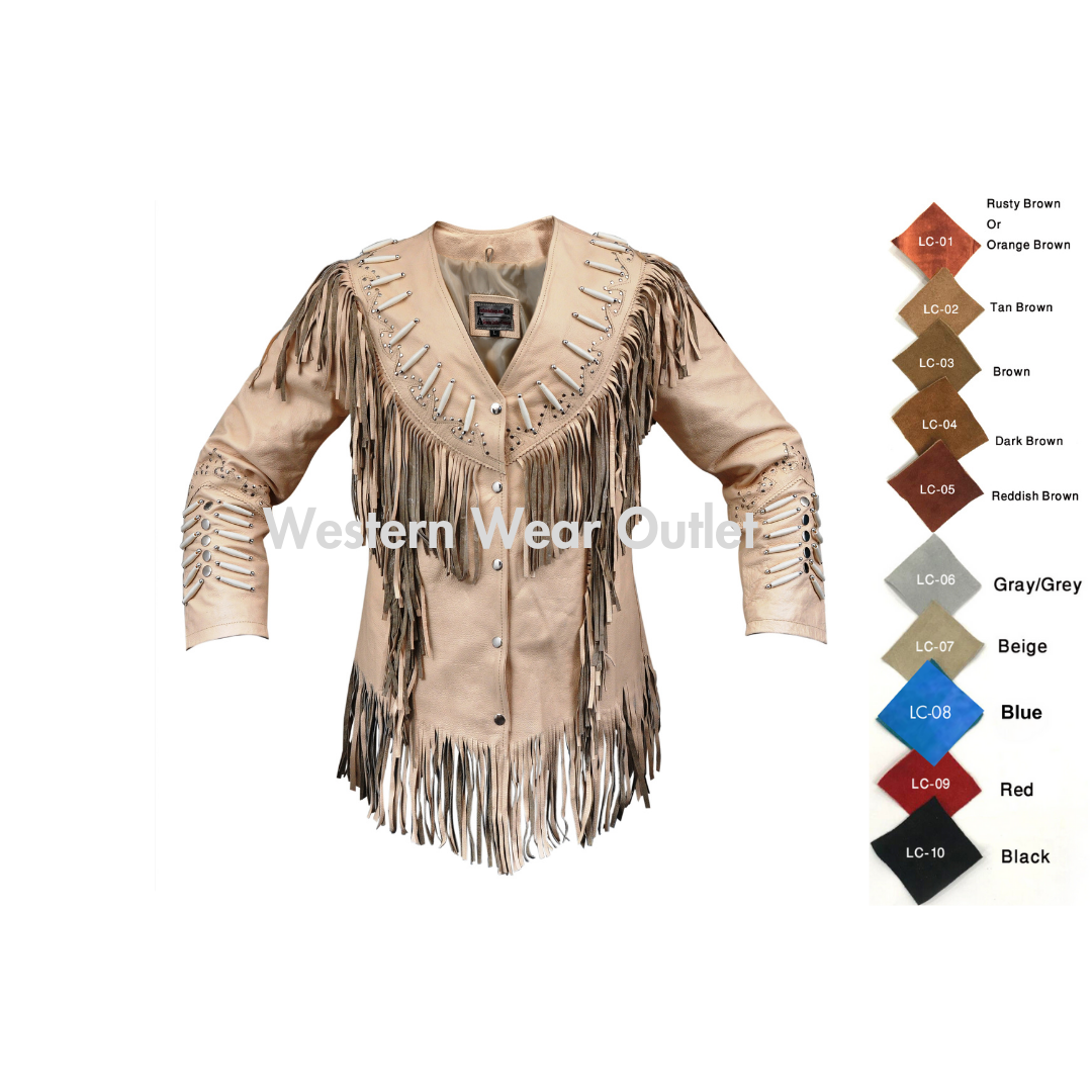 Women’s Western Beige Leather Jacket With Fringes & Bones, WWLJ1