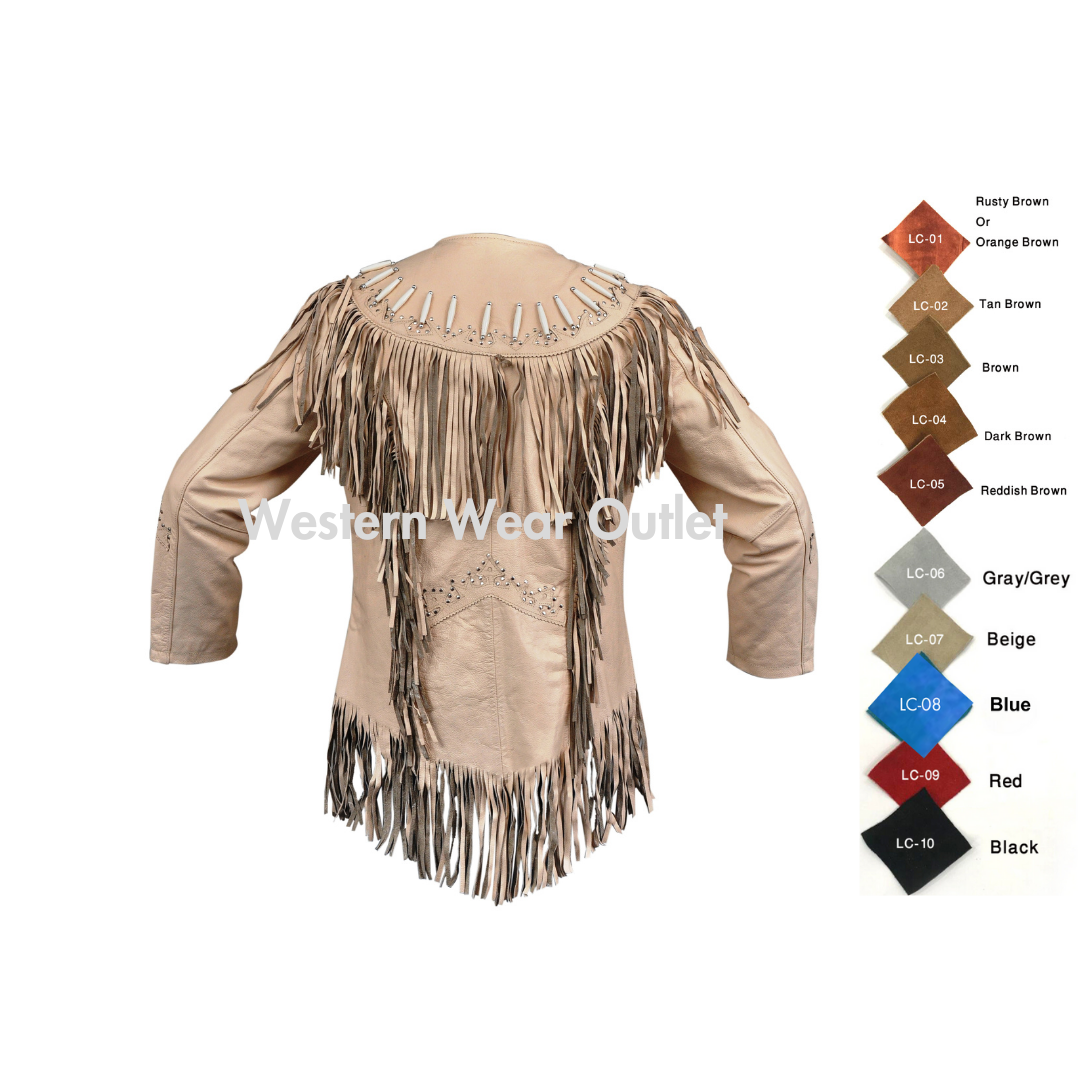 Women’s Western Beige Leather Jacket With Fringes & Bones, WWLJ1