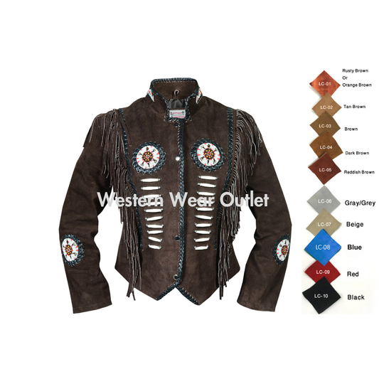 Women Western Cowgirl Dark Brown Suede Jacket Military Jacket With Fringes & Beads, WSJ103