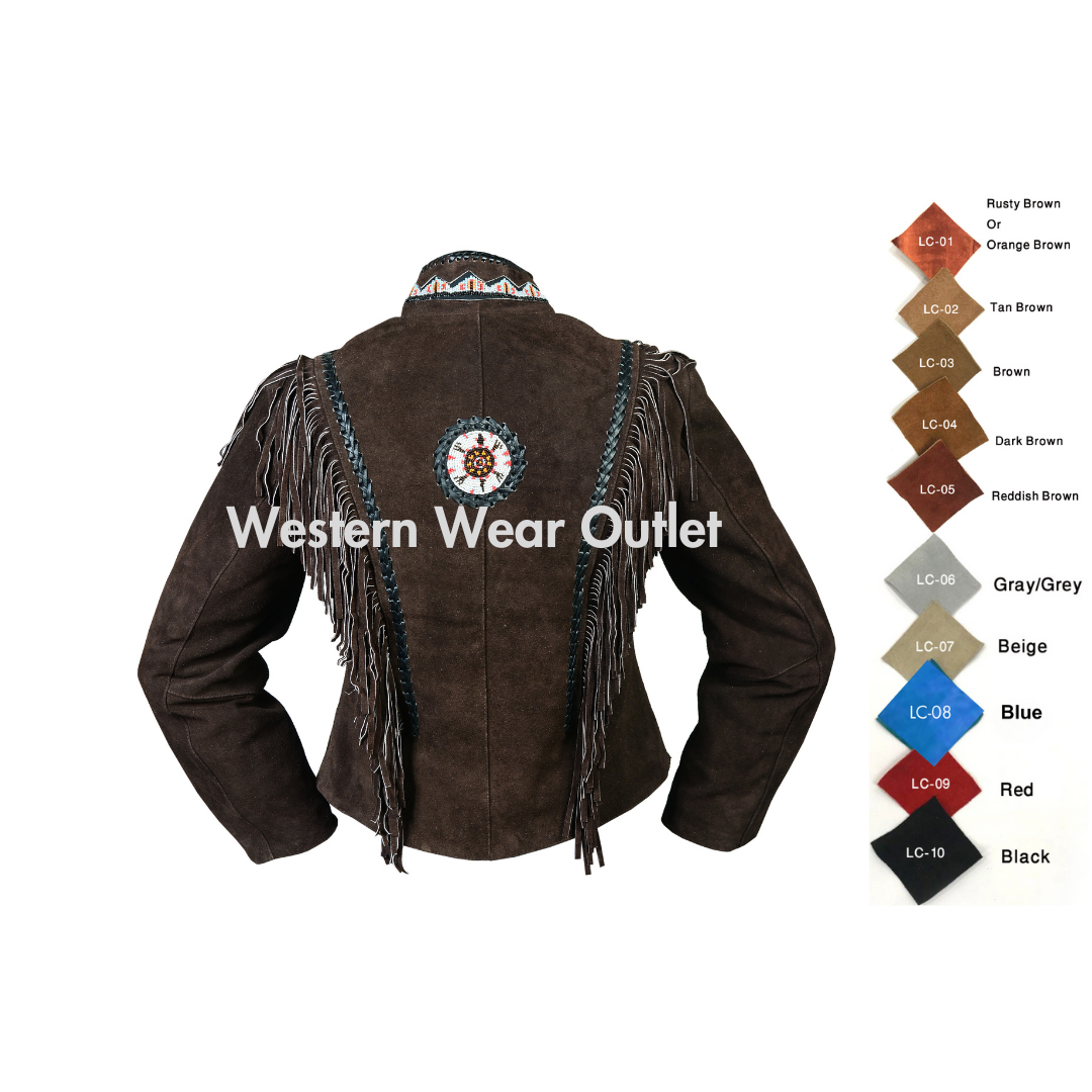 Women Western Cowgirl Dark Brown Suede Jacket Military Jacket With Fringes & Beads, WSJ103