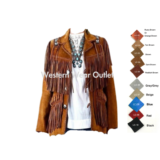 Women Western Cowgirl Brown Suede Jacket With Fringes & Beads, WSJ18