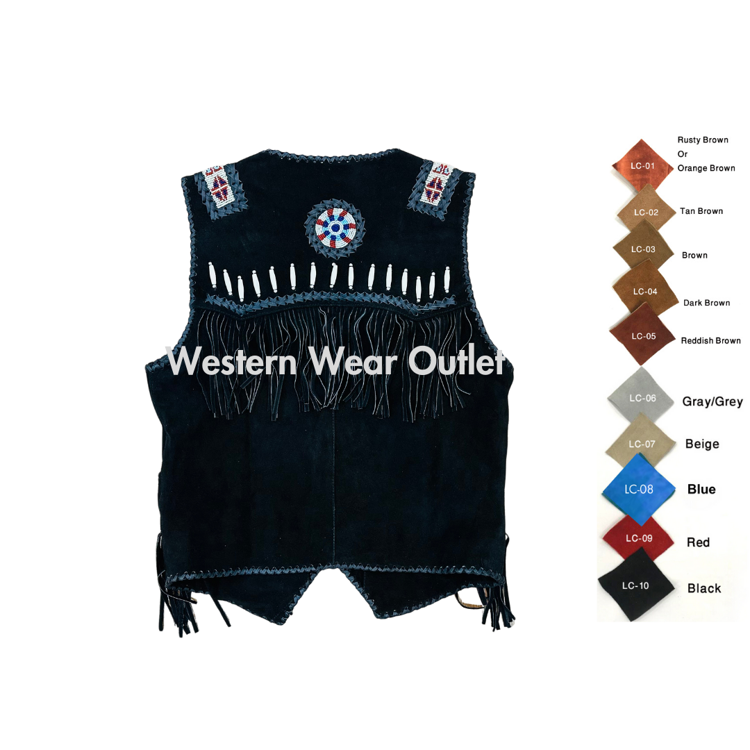 Authentic Style-Cowboy Black Suede Western Vest with Fringes, Beads, and Bones ,SUV7