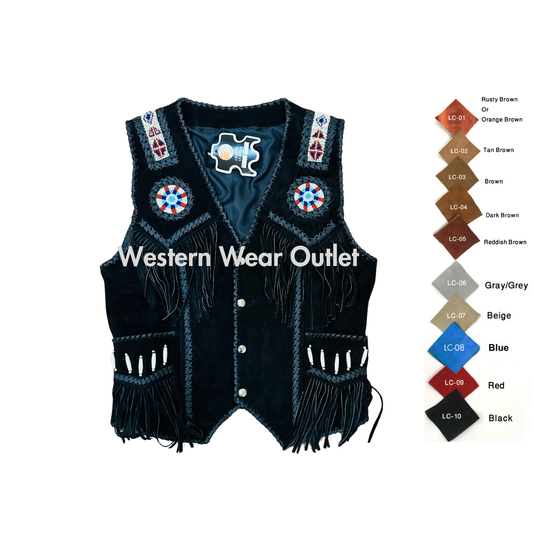 Authentic Style-Cowboy Black Suede Western Vest with Fringes, Beads, and Bones ,SUV7