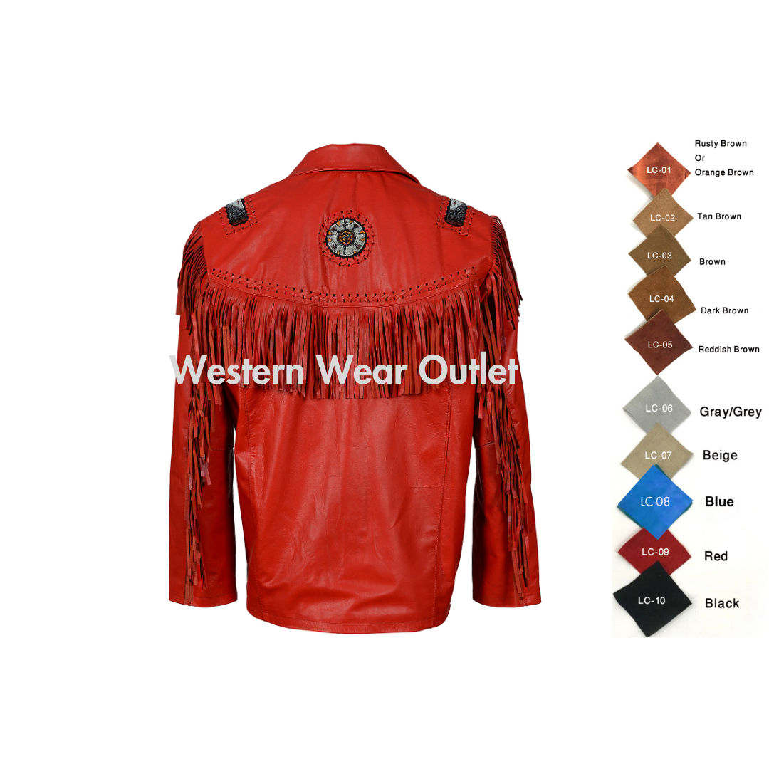 Men’s Western Red Leather Jacket With Fringes & Beads, MWLJ1R