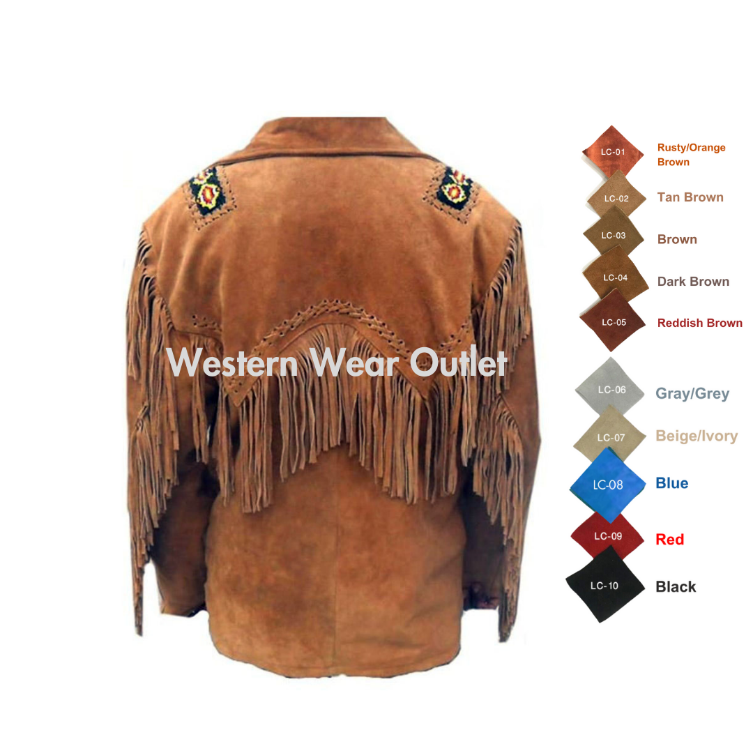 Men Native Indian Cowboy Western Brown Suede Jacket With Fringes Beads & Bones, MSWJ23 (Copy)