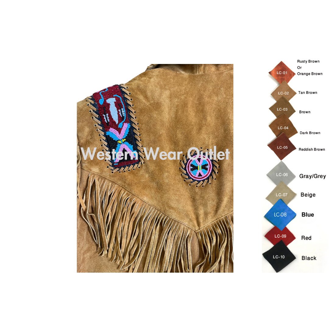 Men Native Indian Western Beaded Suede Fringes Jacket, MSWJ24