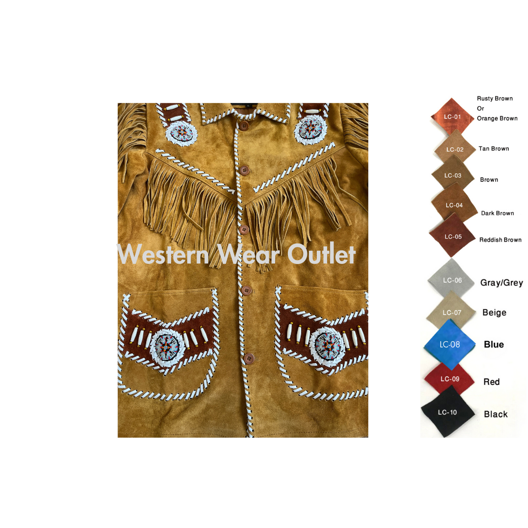 Men Native Indian Western Beaded Suede Fringes Jacket, MSWJ24