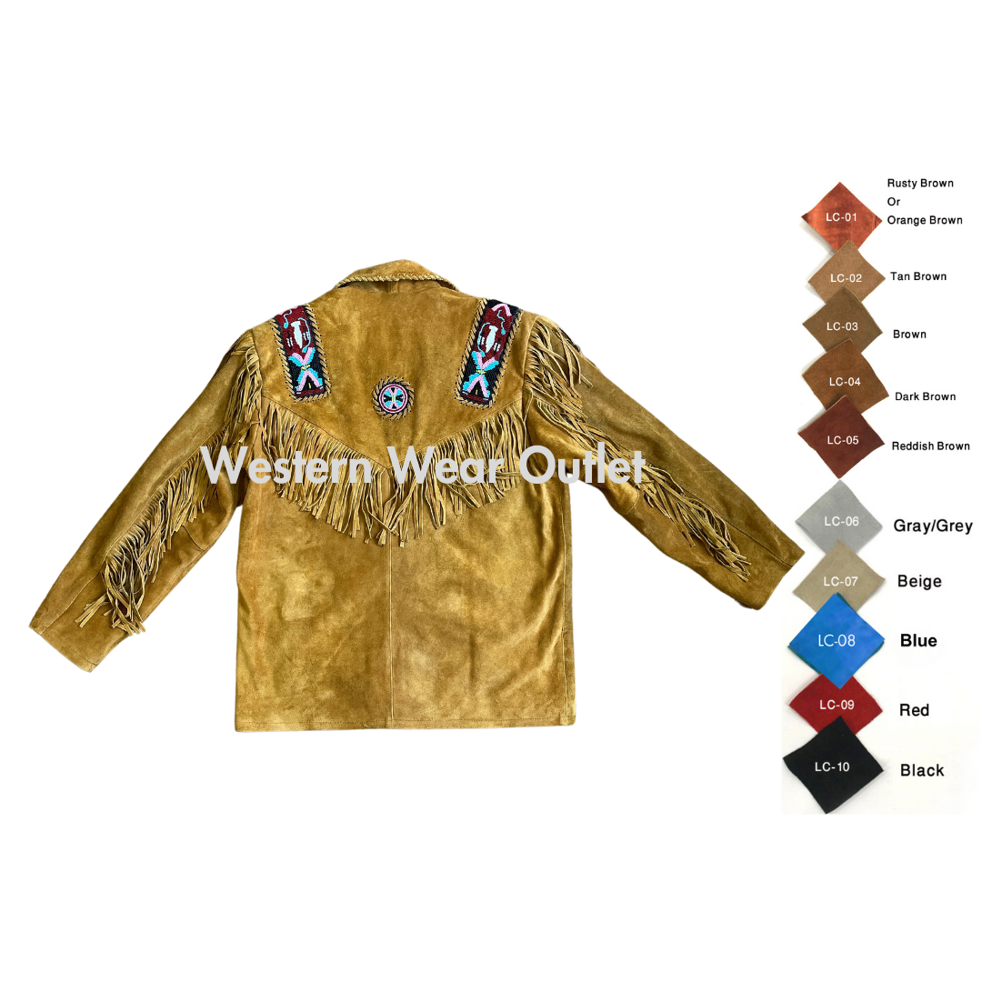 Men Native Indian Western Beaded Suede Fringes Jacket, MSWJ24