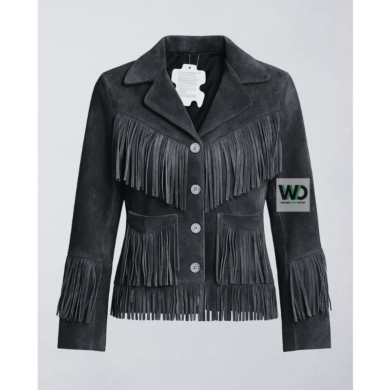 black suede fringe cowgirl jacket women front view