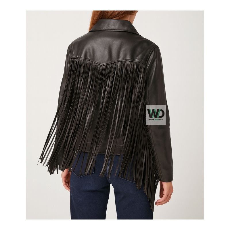Black cowgirl leather jacket with fringe back detail