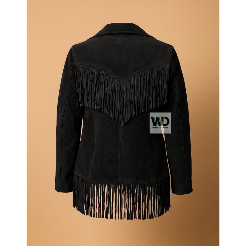 Black cowgirl suede fringe coat back view tassel detail