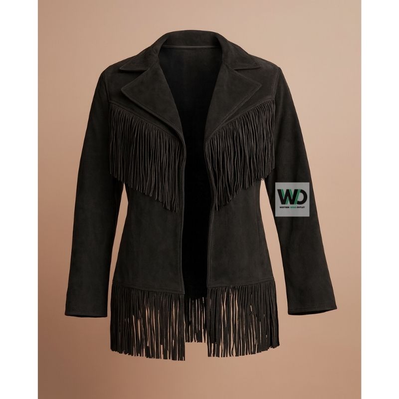 Black suede fringe jacket women western cowgirl coat front view