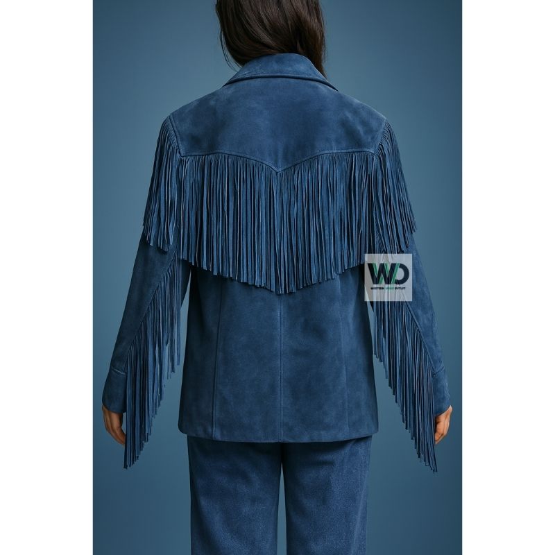 Blue suede fringe jacket back view with long tassel detail