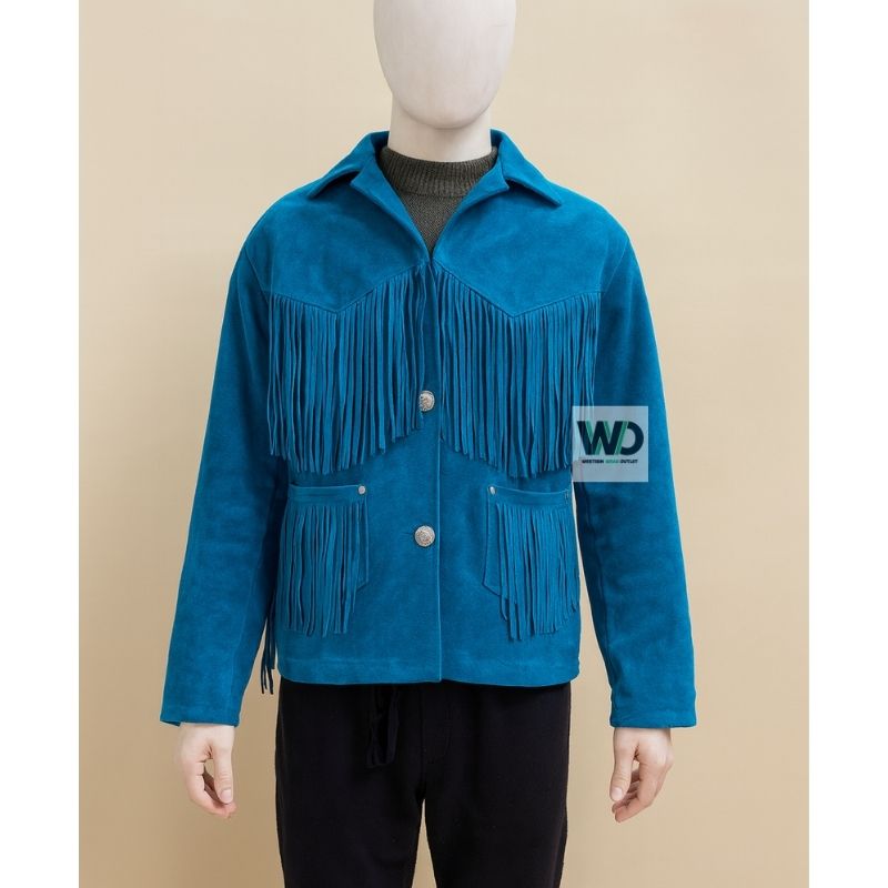 Blue suede fringe jacket women western cowgirl coat front view