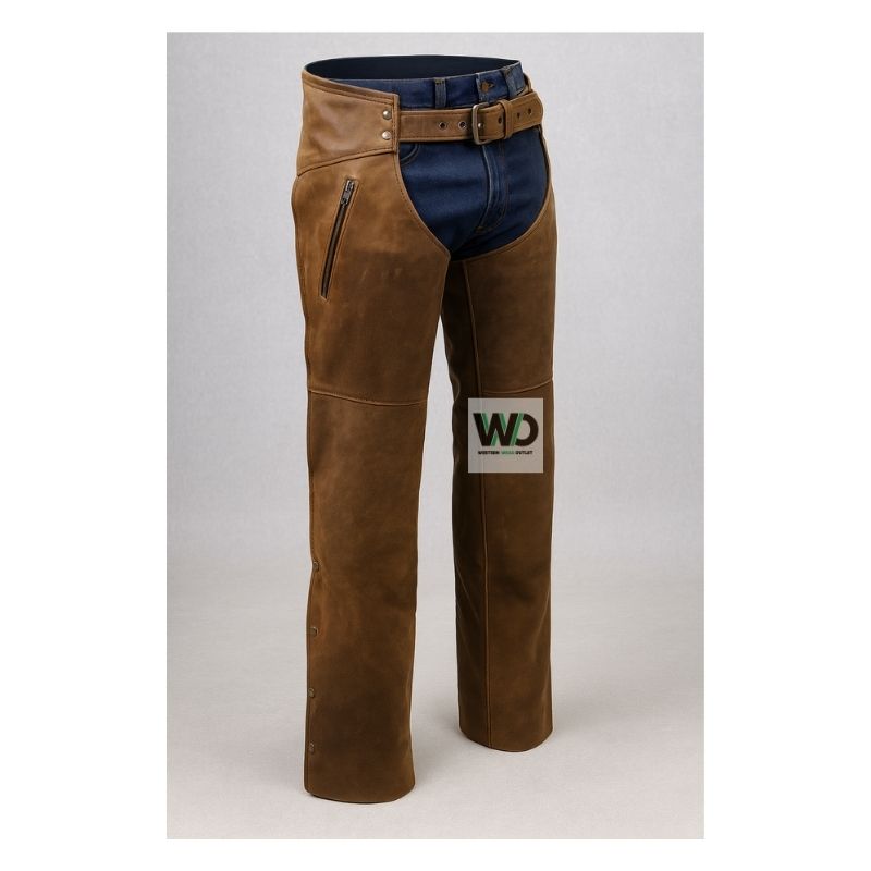 Brown Leather Chaps for Motorcycle Riding MLC3 Side View 2