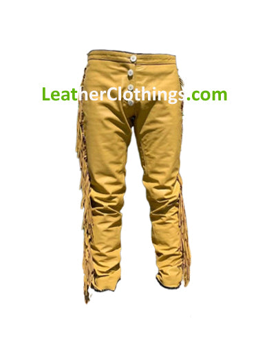 Brown Native Indian Suede Leather Fringes Pant | MSP20