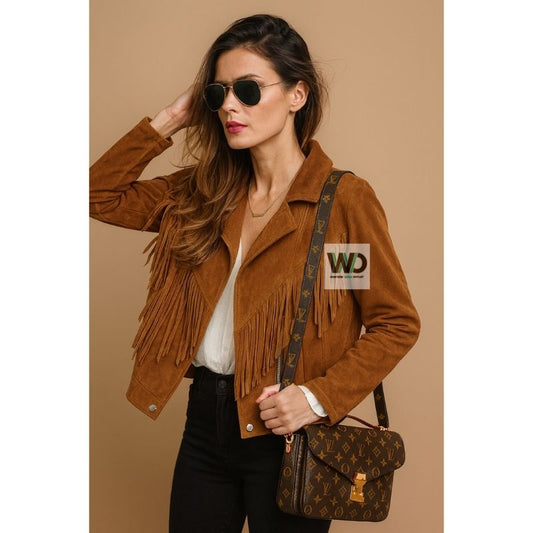 Brown suede fringe jacket women short western cowgirl coat front view