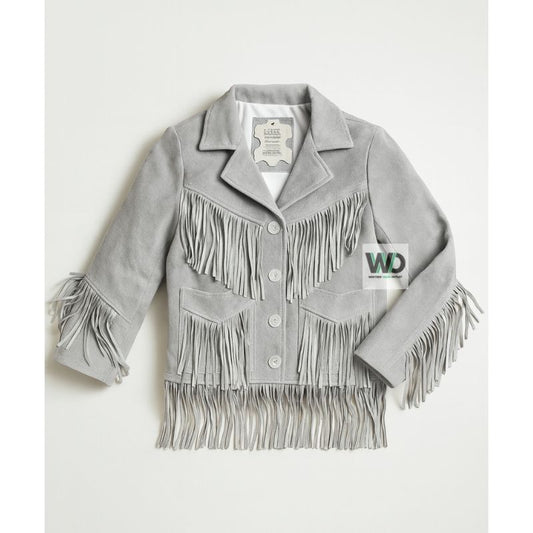 Gray Suede Fringe Jacket Women Western Cowgirl Tassel Coat