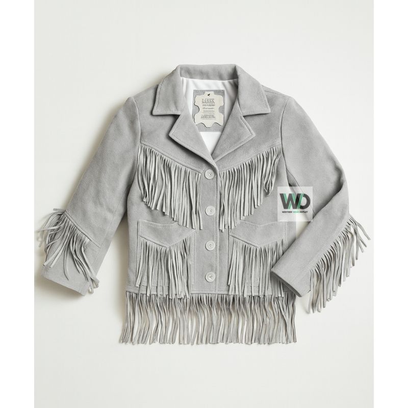 Gray suede fringe jacket women western cowgirl coat front view
