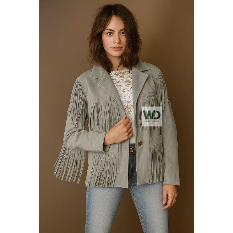 Gray suede fringe jacket women western cowgirl coat front view