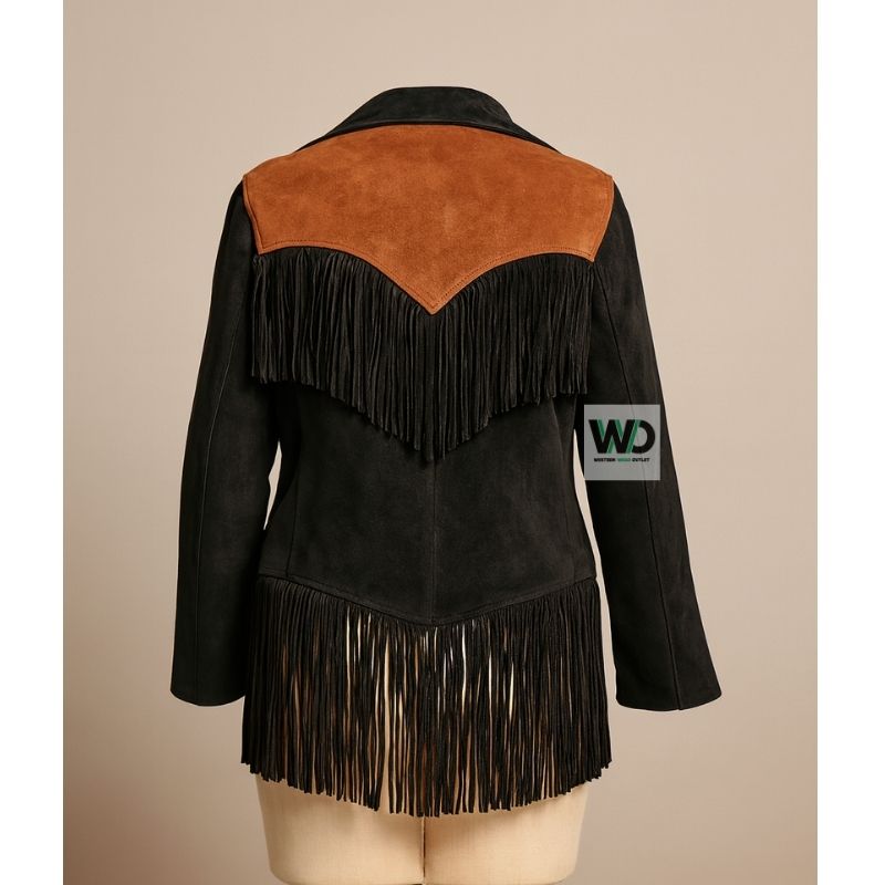 Handmade Cowgirl Black Leather Jacket with Fringe BJF06 Backside View