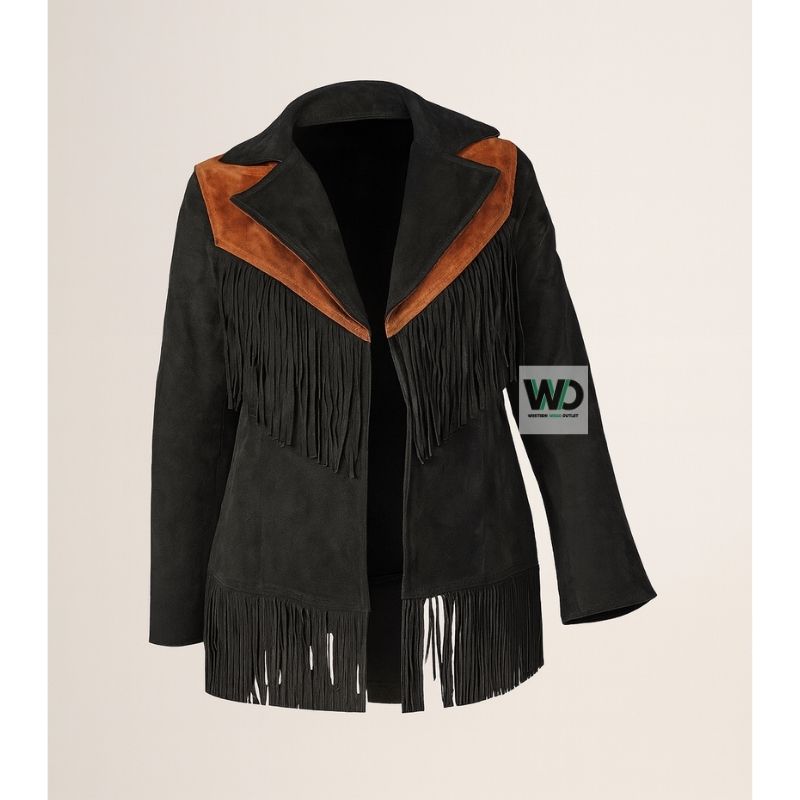 Handmade Cowgirl Black Leather Jacket with Fringe BJF06 Front View