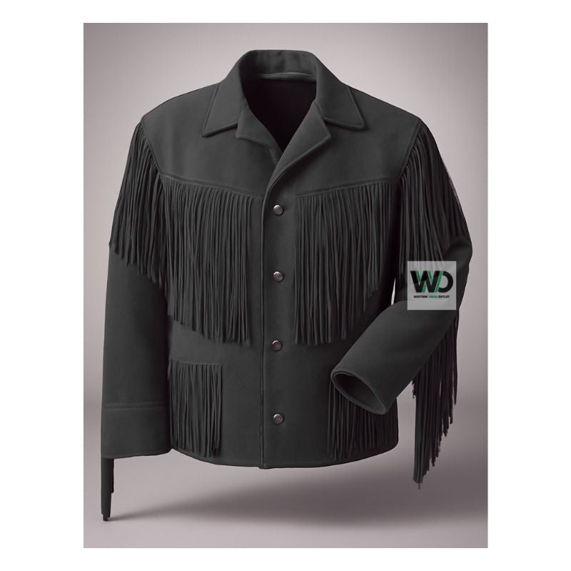 Men Black suede western fringe jacket cowboy style front view