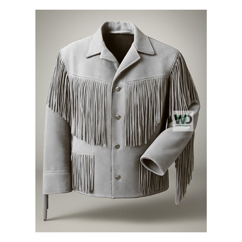 Men gray suede western fringe jacket cowboy style front view