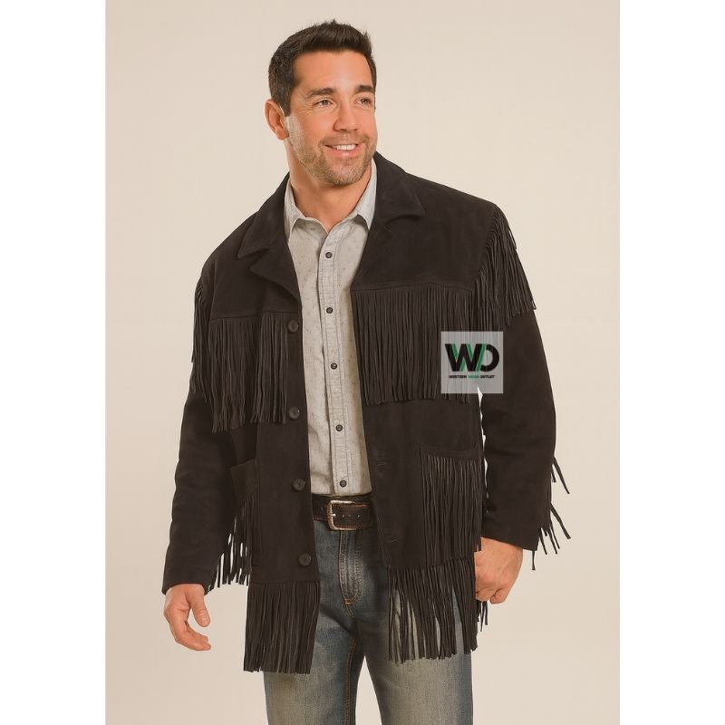 Men's Brown Suede Fringe Jacket – Western Cowboy Leather Coat 