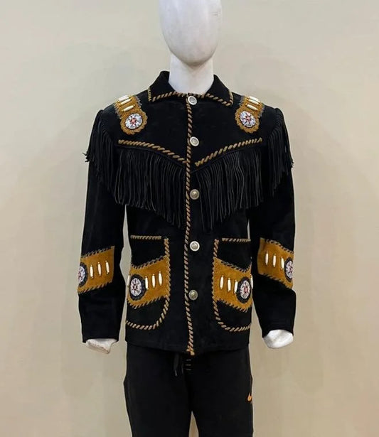 Men’s Suede Cowboy Jacket – Fringe & Beaded Style Jacket 