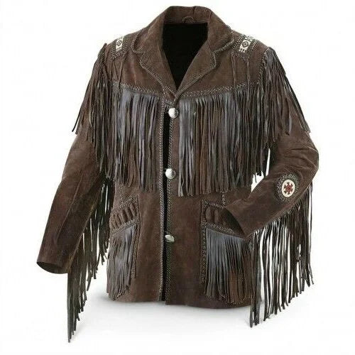 Men’s Western style Cowboy Leather Jacket Coat With Fringes 