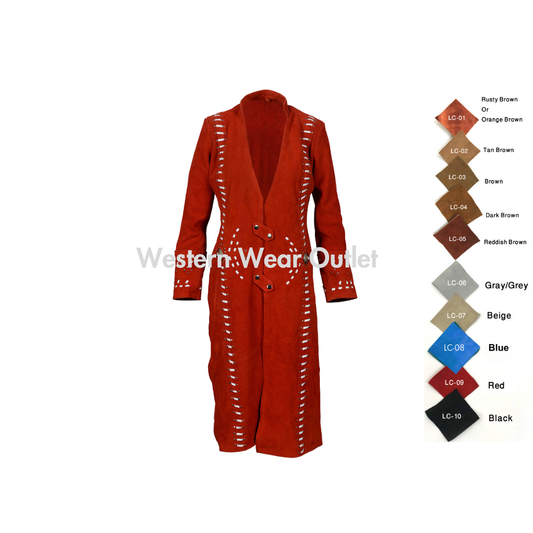 Red Long Leather Coat for Women - Native American Coat
